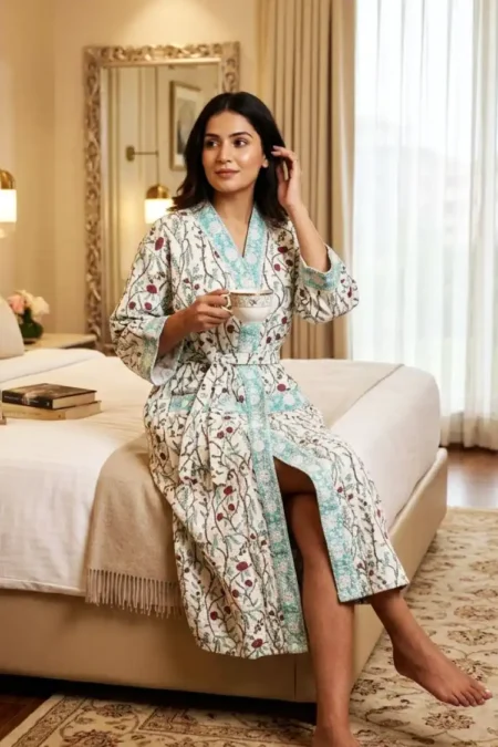 Arth-wali Handblock Meadow Blossom Waffle Bath Robe
