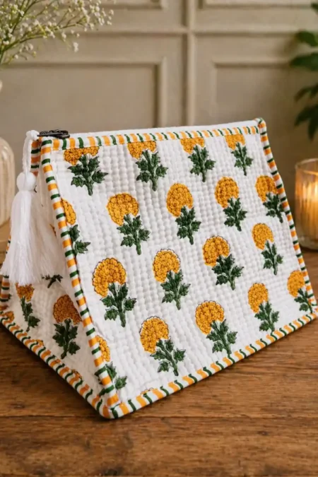 Arth-wali Handblock Marigold Bloom Quilted Vanity Bag