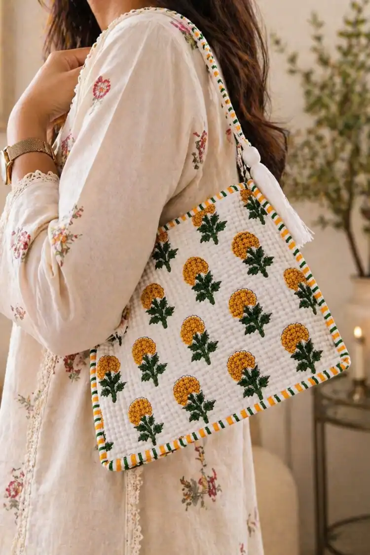 Arth-wali Handblock Marigold Bloom Quilted Vanity Bag - Image 3
