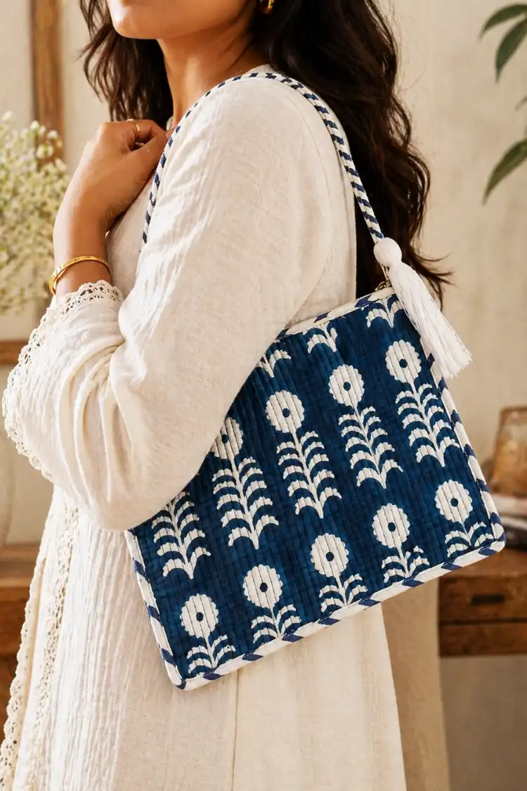 Arth-wali Handblock Indigo Bloom Quilted Vanity Bag - Image 2
