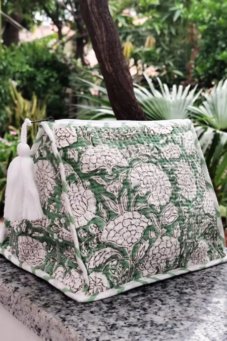 Arth-wali Handblock Green Botanical Bloom Quilted Vanity Bag