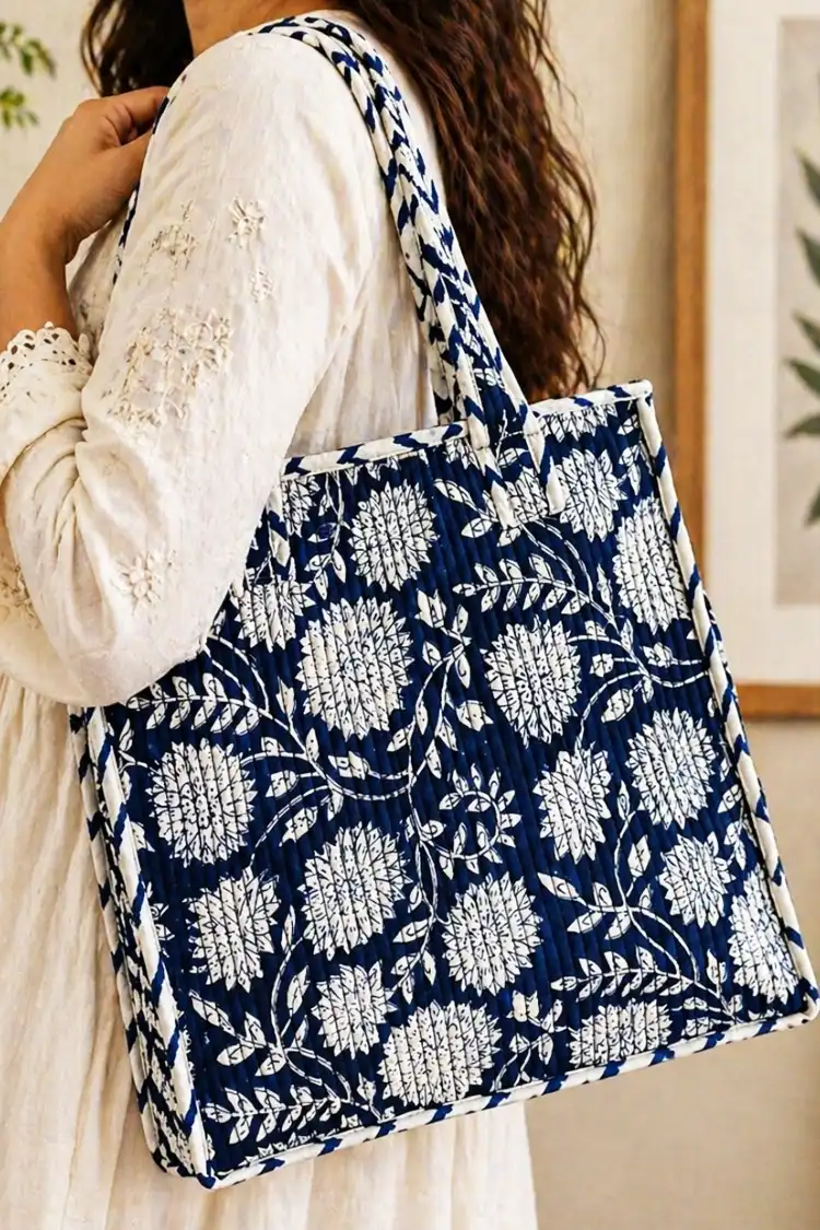 Arth-wali Handblock Indigo Bloom Quilted Lunch Bag - Image 2