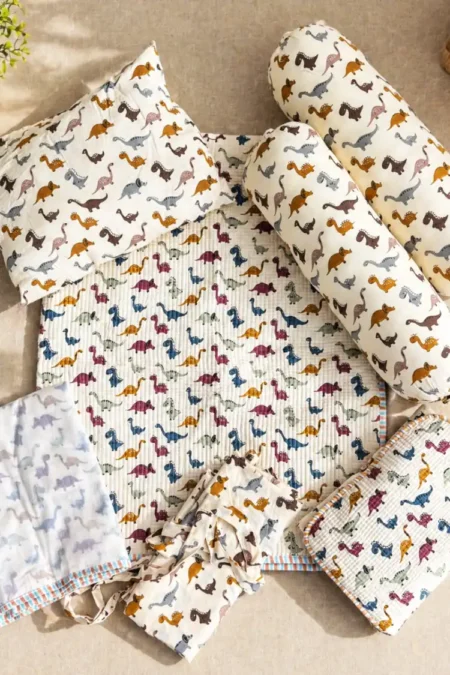 Arth-wali Handblock Dino Dreams Quilted Infant Bedding Set of 5