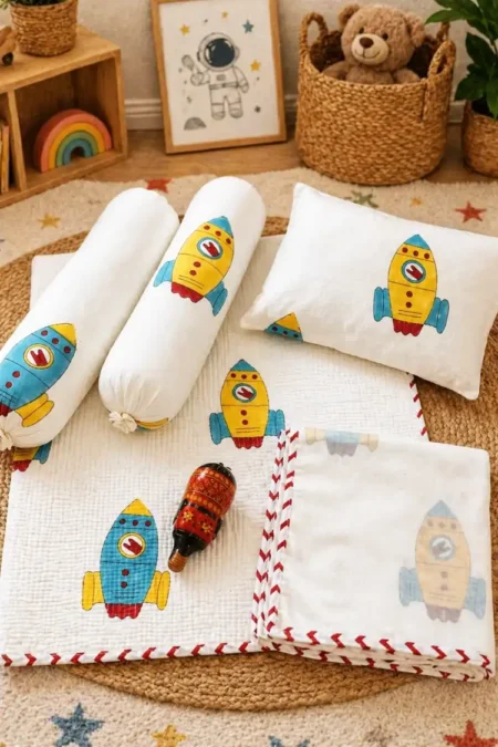 Arth-wali Handblock Rocket Dreams Quilted Infant Bedding Set of 5