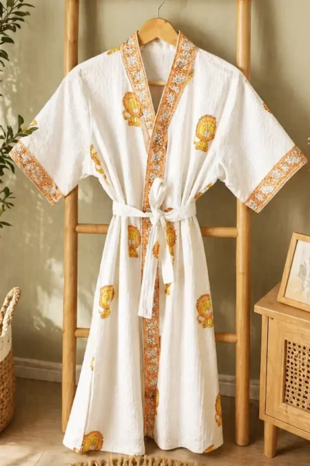 Arth-wali Handblock Little Lion Waffle Cotton Kids Bath Robe
