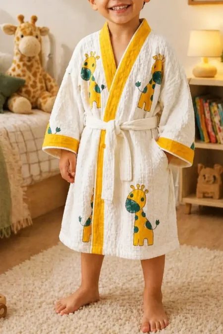 Arth-wali Handblock Little Giraffe Waffle Cotton Kids Bath Robe
