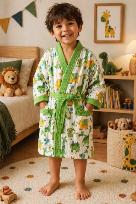 Arth-wali Handblock Jungle Tales Waffle Cotton Kids Bath Robe