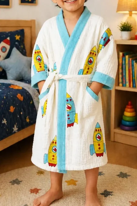 Arth-wali Handblock Rocket Tales Waffle Cotton Kids Bath Robe