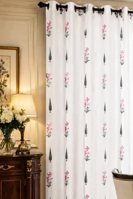 Arth-wali Handblock Pink Cypress Bloom Curtain
