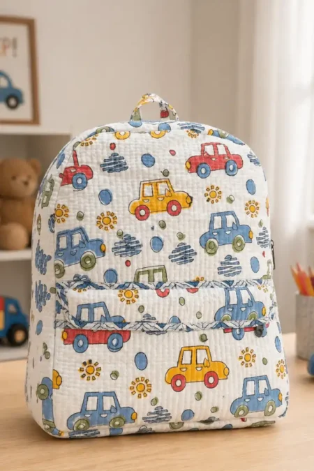 Arth-wali Handblock Little Wheels Kids Quilted Backpack