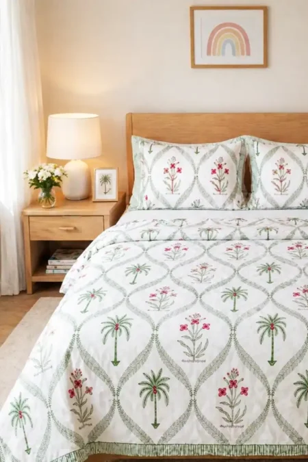 Arth-wali Handblock Floral Palm Elegance Premium Cotton Bedsheet