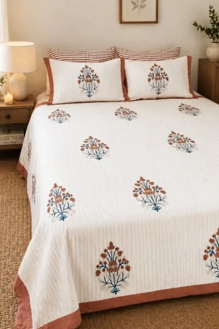 Arth-wali Handblock Terracotta Bloom Premium Cotton Bedsheet