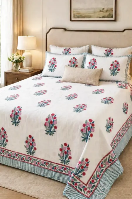 Arth-wali Handblock Crimson Blossom Charm Premium Cotton Bedsheet
