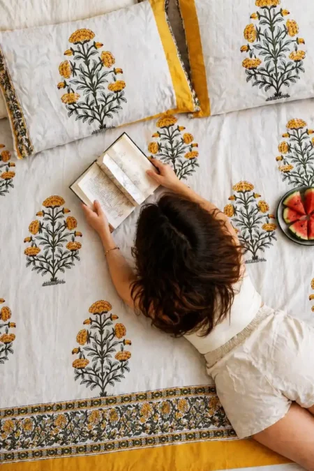 Arth-wali Handblock Golden Marigold Garden Premium Cotton Bedsheet