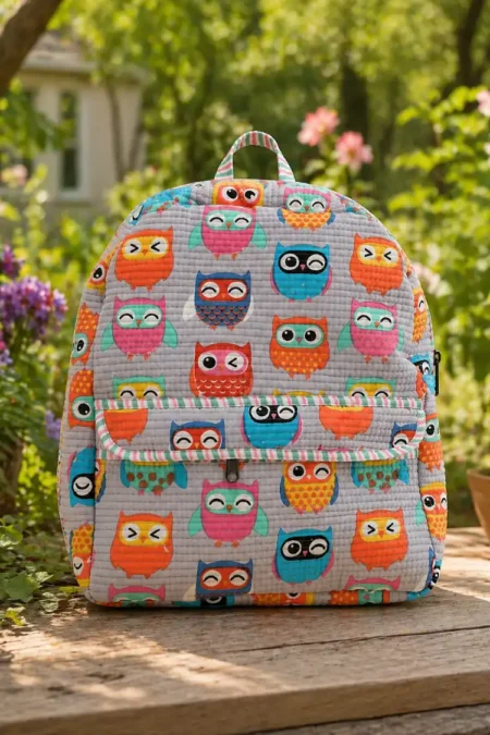 Arth-wali Handblock Happy Owls Kids Quilted Backpack