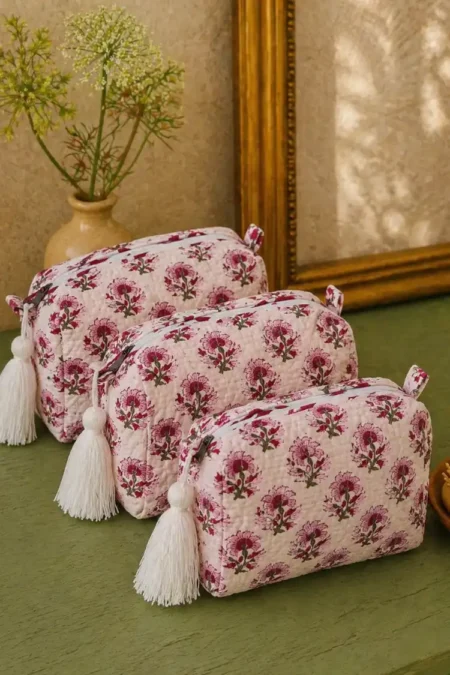 Arth-wali Handblock Vintage Pink Blossom Utility Pouch Set of 3