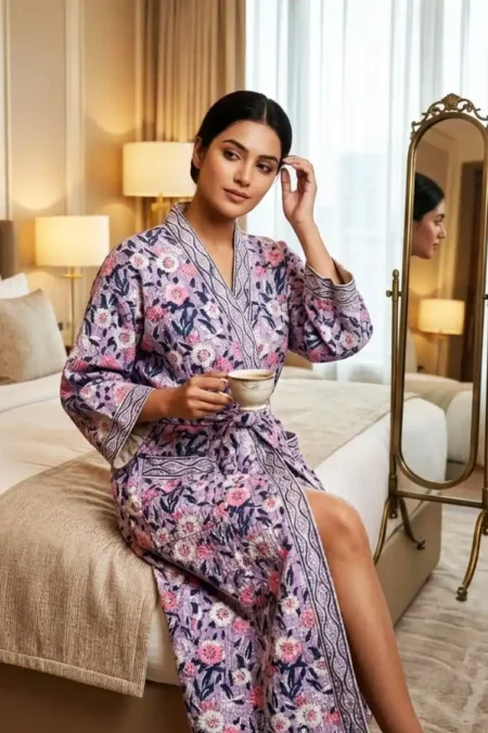 Arth-wali Midnight Blossom Waffle Cotton Adult Bathrobe