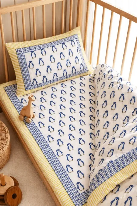 Arth-wali Handblock Happy Penguin Parade Premium Kids Bedsheet