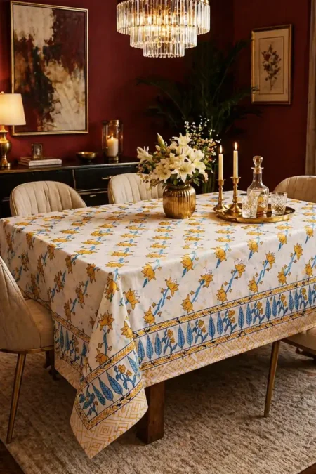 Arth-wali Handblock Golden Lotus Bloom Premium Cotton Table Cover