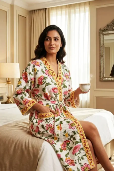 Arth-wali Handblock Golden Bloom Waffle Cotton Bathrobe