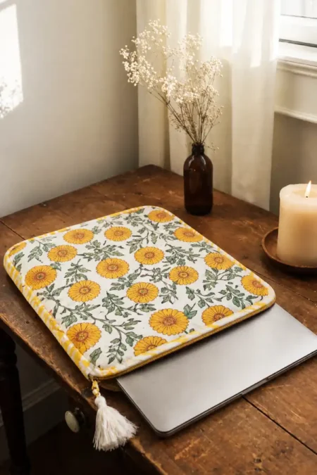 Arth-wali Handblock Golden Marigold Charm Quilted Laptop Sleeve