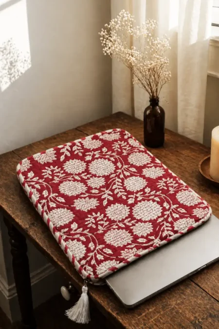 Arth-wali Handblock Crimson Blossom Royale Quilted Laptop Sleeve