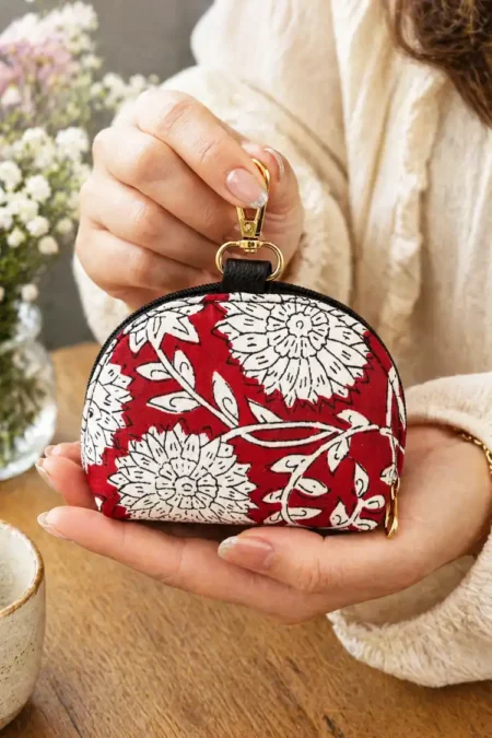 Arth-wali Handblock Crimson Floral Charm Coin Pouch