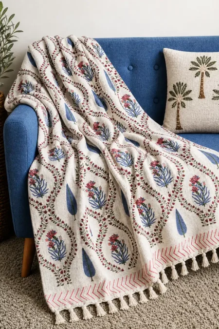 Arth-wali Handblock Rustic Heritage Floral Jaal Sofa Throw
