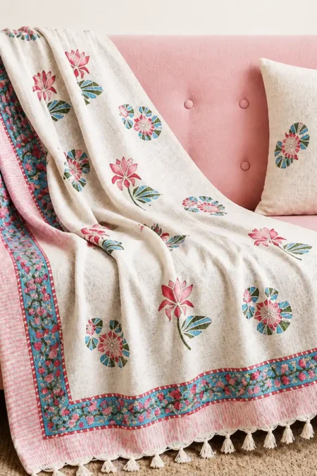 Arth-wali Handblock Lotus Rang Jaal Sofa Throw