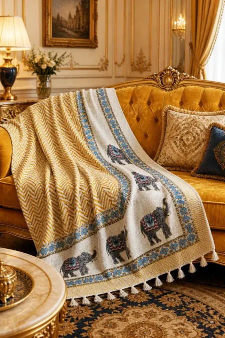 Arth-wali Handblock Mustard Gajraj Elegance Sofa Throw