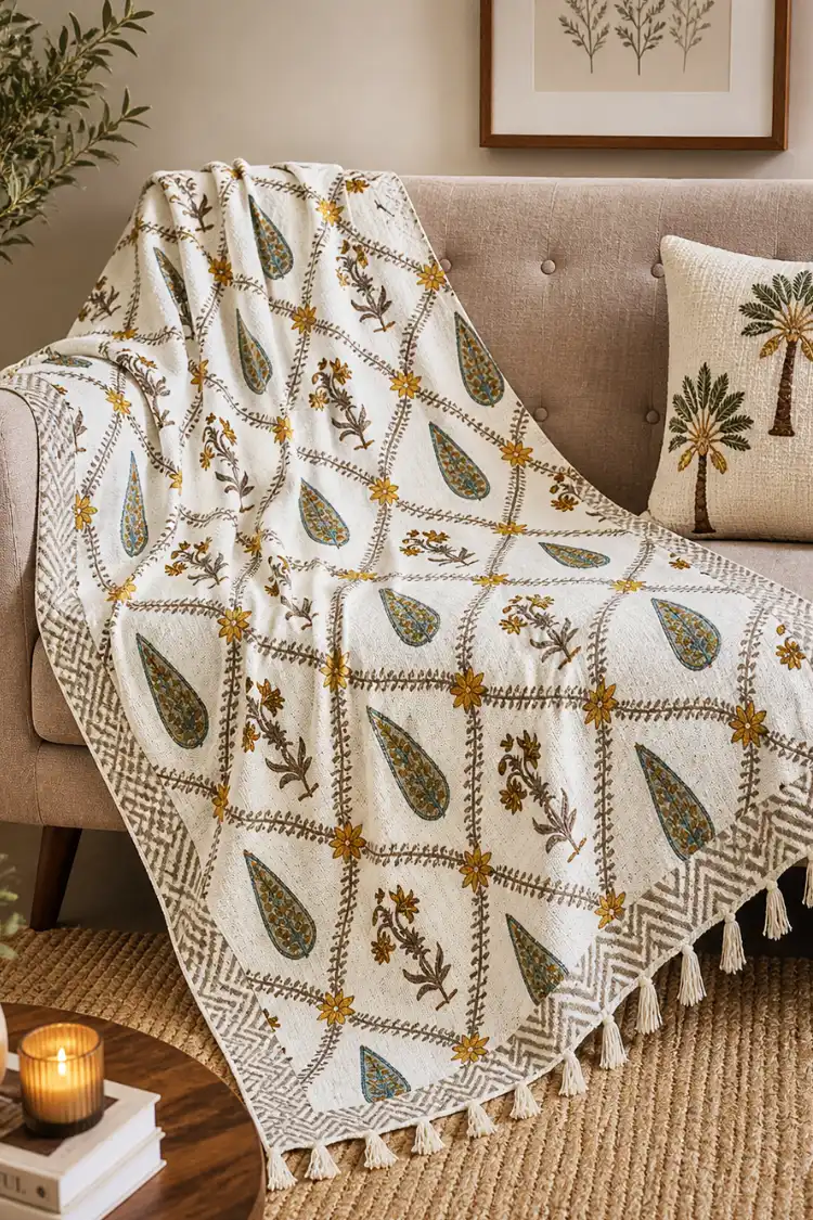Arth-wali Handblock Classic Buta Grid Elegance Sofa Throw
