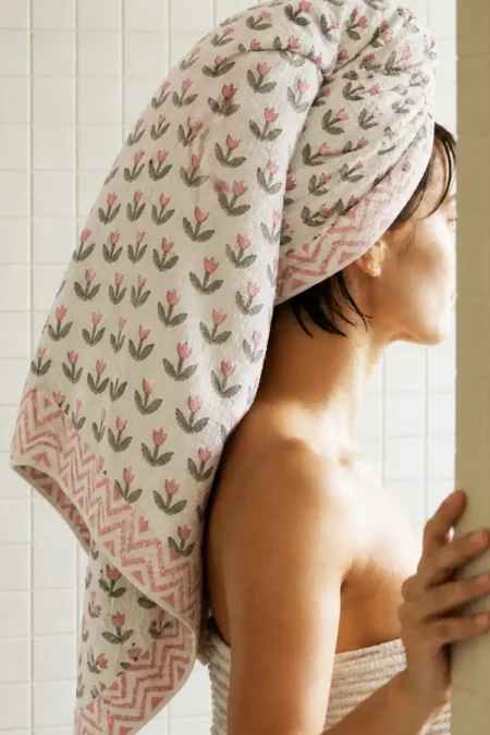 Arth-wali Handblock Blush Tulip Buti Elegance Waffle Towel