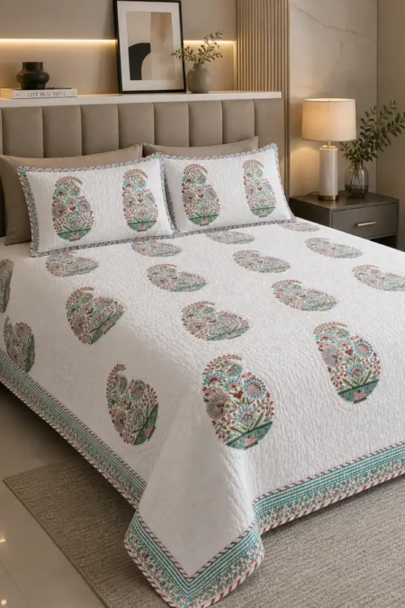 Arth-wali Handblock Pastel Paisley Bloom Quilted Bed Cover