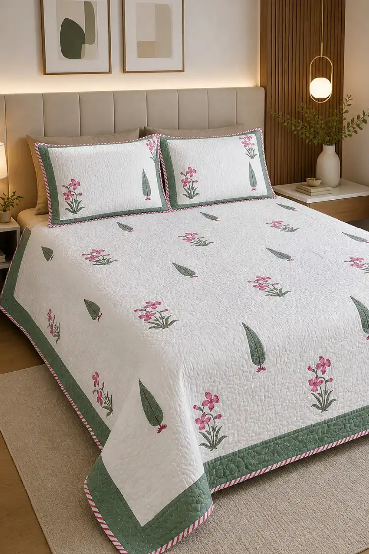 Arth-wali Handblock Mughal Cypress Bloom Bed Cover
