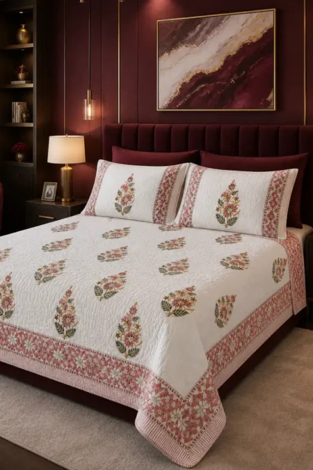 Arth-wali Handblock Vintage Rose Buta Quilted Bed Cover
